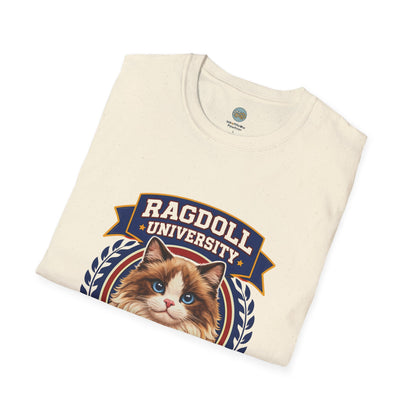 Ragdoll University T-Shirt | Vintage College Crest Style | Gildan Softstyle 64000 Premium Tee for Cat Moms and Dads