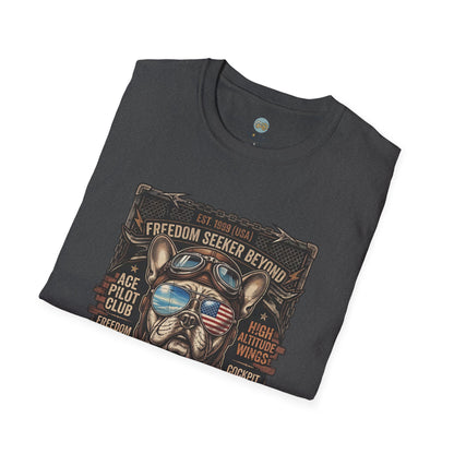 Vintage Aviator Frenchie T-Shirt | Freedom French Bulldog Pilot with Goggles | Gildan Softstyle 64000 Premium Tee