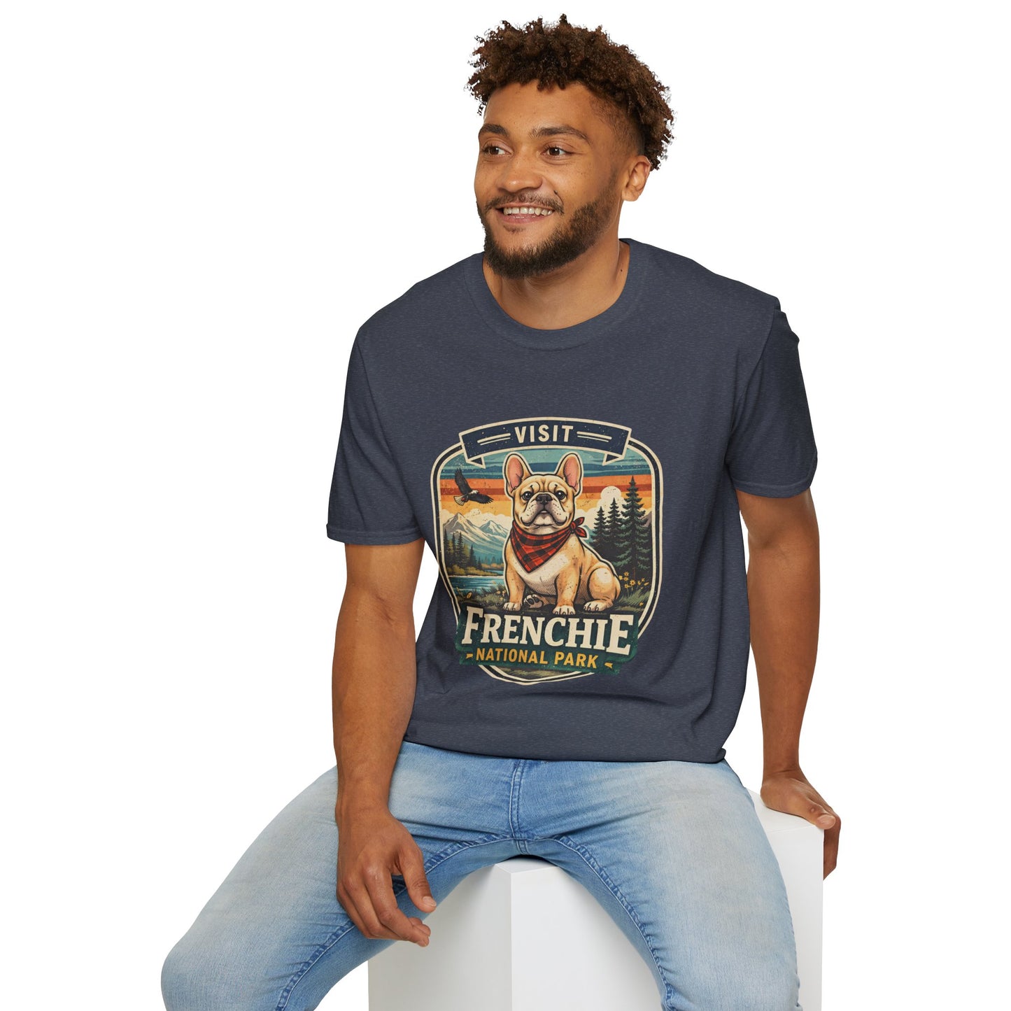 French Bulldog National Park T-Shirt | Vintage Badge Design with Mountains and Sunset for Dog Lovers | Gildan Softstyle 64000 Premium Tee