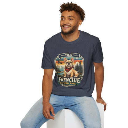 French Bulldog National Park T-Shirt | Vintage Badge Design with Mountains and Sunset for Dog Lovers | Gildan Softstyle 64000 Premium Tee