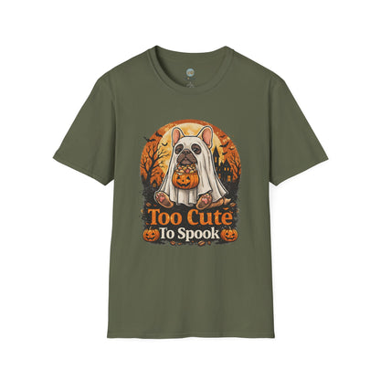 French Bulldog - Too Cute To Spook Halloween T-Shirt | Frenchie in Ghost Costume | Gildan Softstyle 64000 Premium Tee