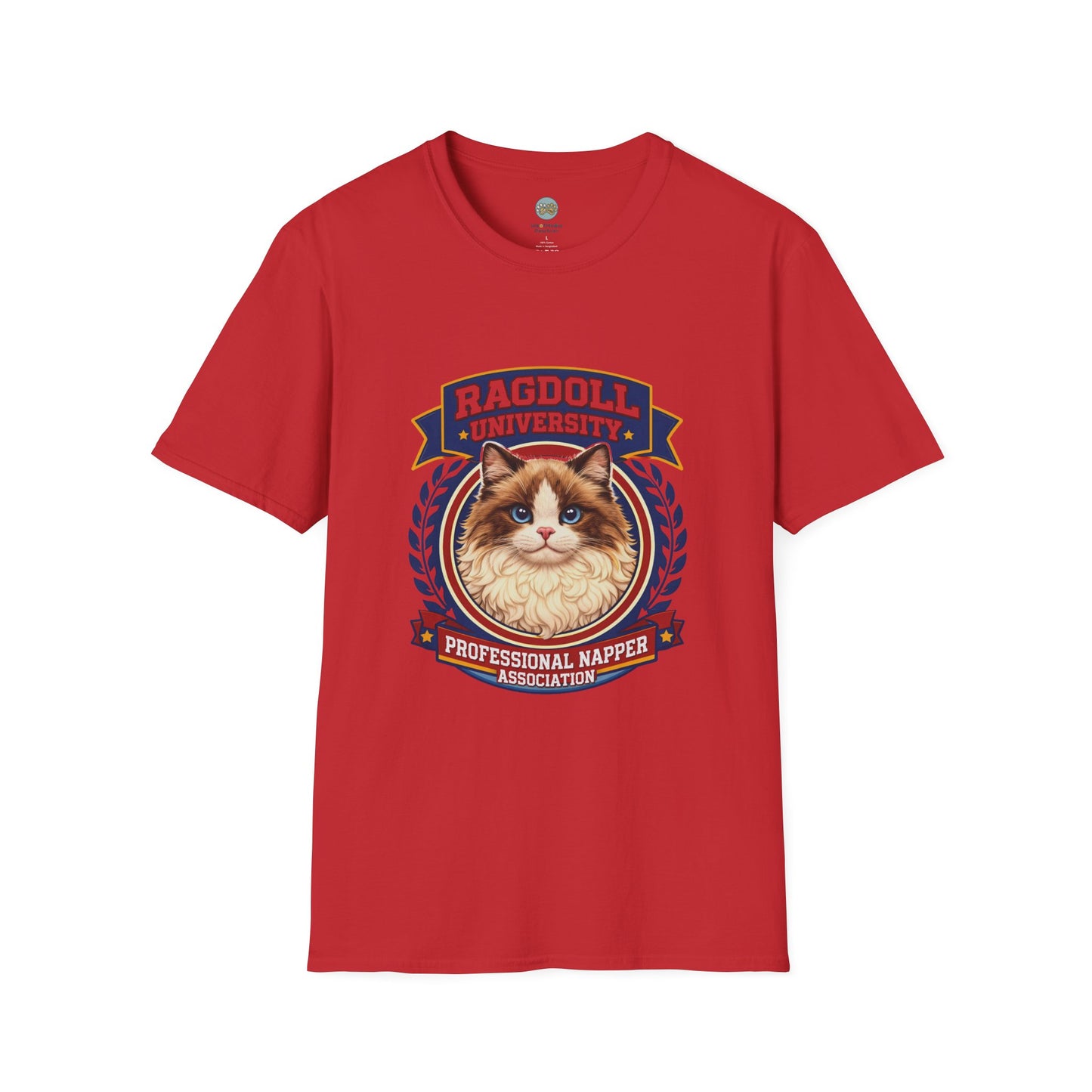 Ragdoll University T-Shirt | Vintage College Crest Style | Gildan Softstyle 64000 Premium Tee for Cat Moms and Dads