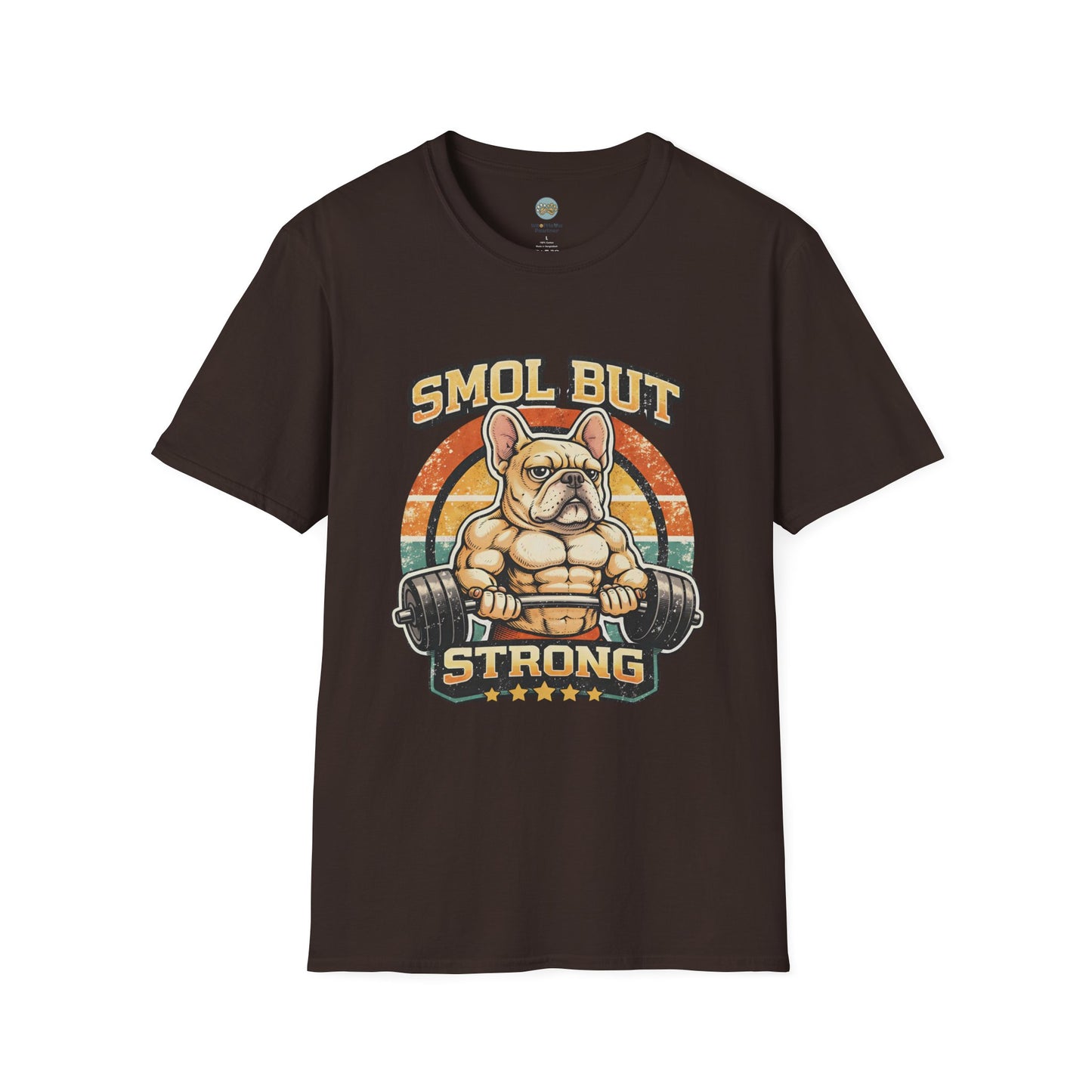 French Bulldog Gym T-Shirt | Smol But Strong - Frenchie Lifting Weights Retro Gym Vibe Design | Gildan Softstyle 64000 Premium Tee