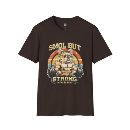 French Bulldog Gym T-Shirt | Smol But Strong - Frenchie Lifting Weights Retro Gym Vibe Design | Gildan Softstyle 64000 Premium Tee