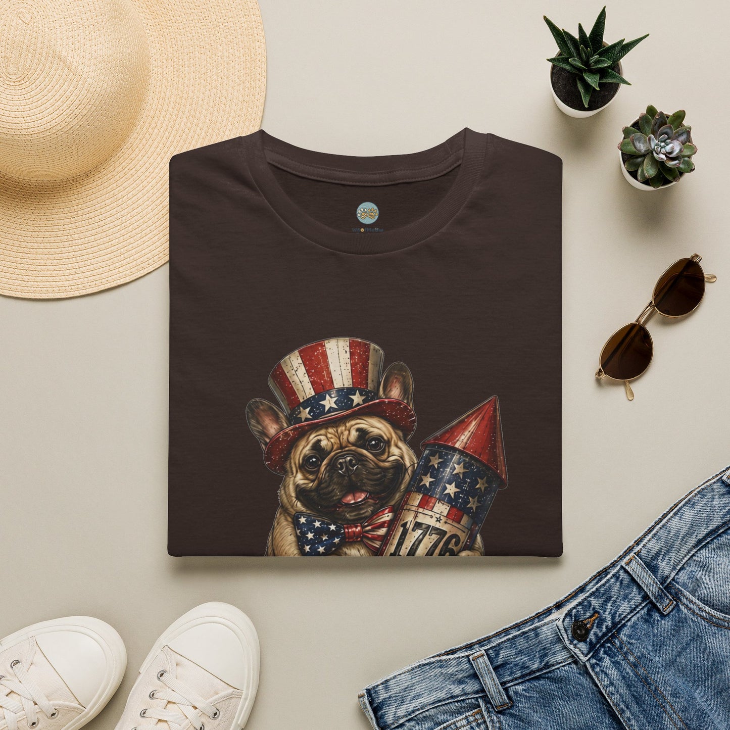 USA United States of Awesome 4th of July T-Shirt | Frenchie with 1776 Firework | Gildan Softstyle 64000