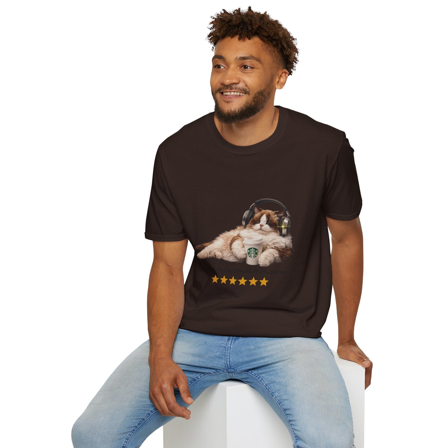 Cat Coffee Review T-Shirt — Relaxed Cat with Headphones & 5-Star Latte Tee | Gildan Softstyle 64000 Premium Tee