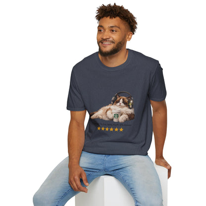 Cat Coffee Review T-Shirt — Relaxed Cat with Headphones & 5-Star Latte Tee | Gildan Softstyle 64000 Premium Tee