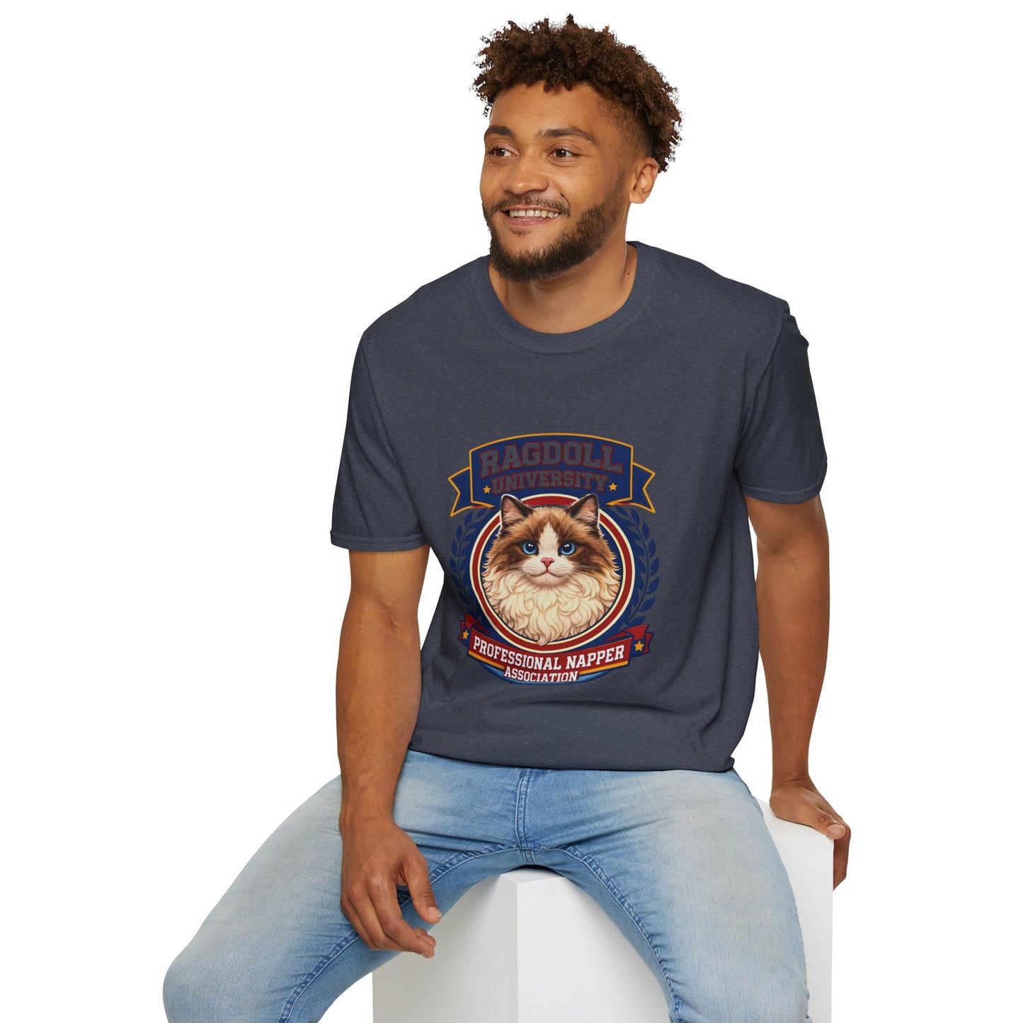 Ragdoll University T-Shirt | Vintage College Crest Style | Gildan Softstyle 64000 Premium Tee for Cat Moms and Dads