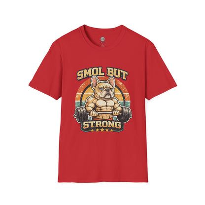 French Bulldog Gym T-Shirt | Smol But Strong - Frenchie Lifting Weights Retro Gym Vibe Design | Gildan Softstyle 64000 Premium Tee