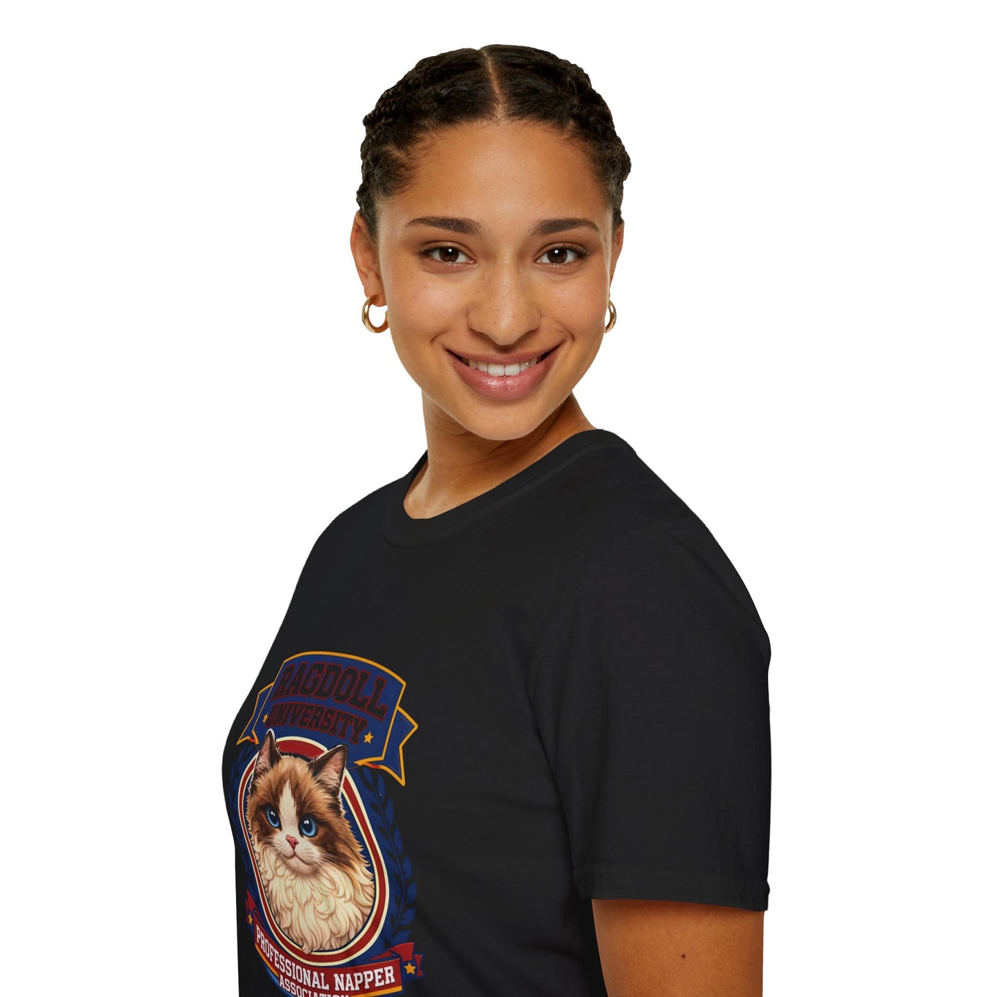 Ragdoll University T-Shirt | Vintage College Crest Style | Gildan Softstyle 64000 Premium Tee for Cat Moms and Dads