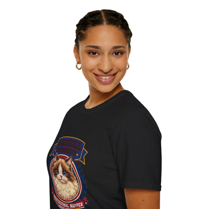 Ragdoll University T-Shirt | Vintage College Crest Style | Gildan Softstyle 64000 Premium Tee for Cat Moms and Dads