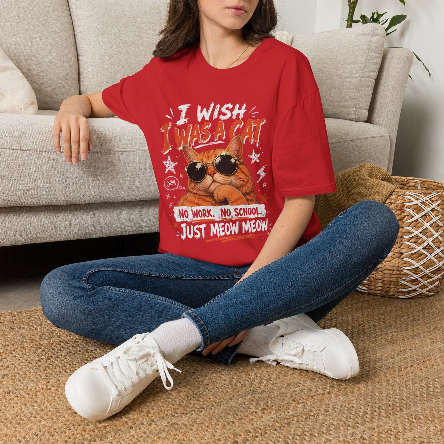I Wish I Was A Cat T-Shirt | No Work No School Just Meow Meow | Gildan Softstyle 64000