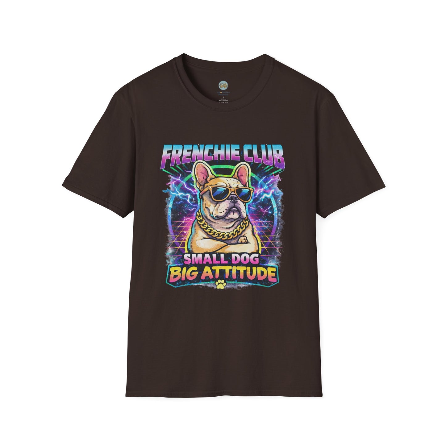 Frenchie Club T-Shirt | “Small Dog Big Attitude” Retro Neon French Bulldog Tee | Gildan Softstyle 64000 Premium Tee