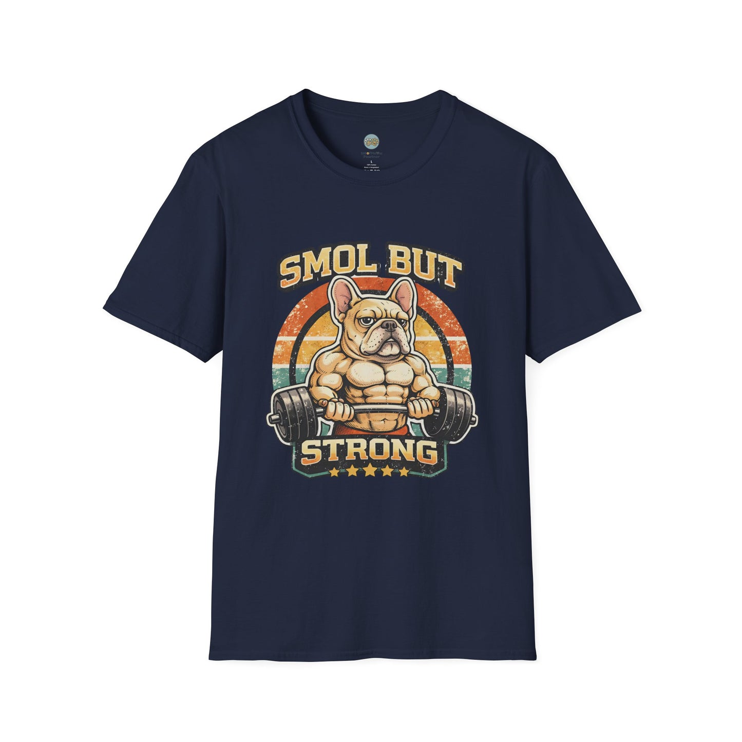 French Bulldog Gym T-Shirt | Smol But Strong - Frenchie Lifting Weights Retro Gym Vibe Design | Gildan Softstyle 64000 Premium Tee