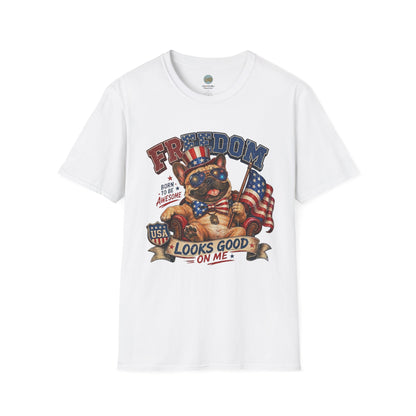 French Bulldog 4th of July Shirt | Freedom Looks Good On Me | Frenchie with American Flag for Dog Lovers | Gildan Softstyle 64000