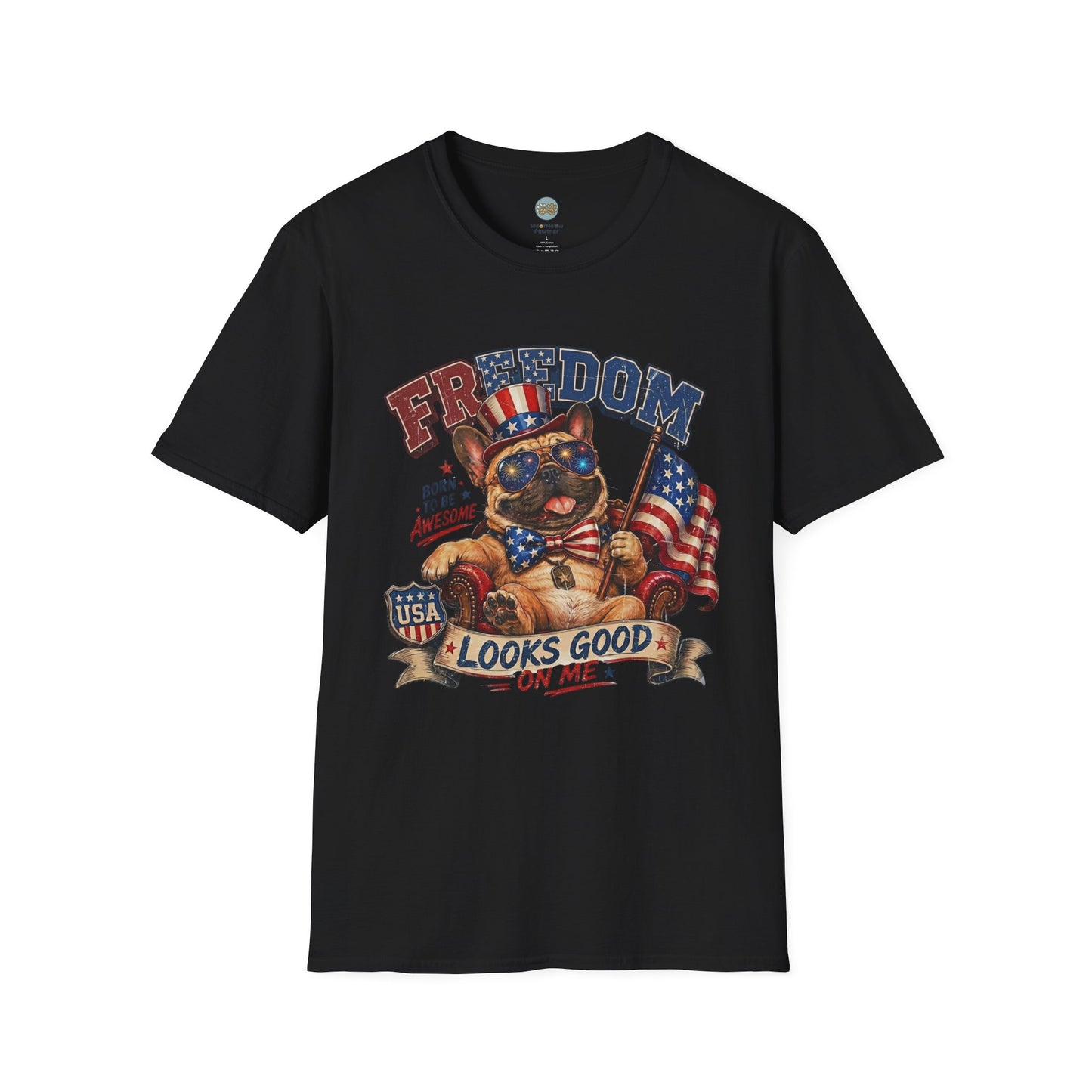 French Bulldog 4th of July Shirt | Freedom Looks Good On Me | Frenchie with American Flag for Dog Lovers | Gildan Softstyle 64000