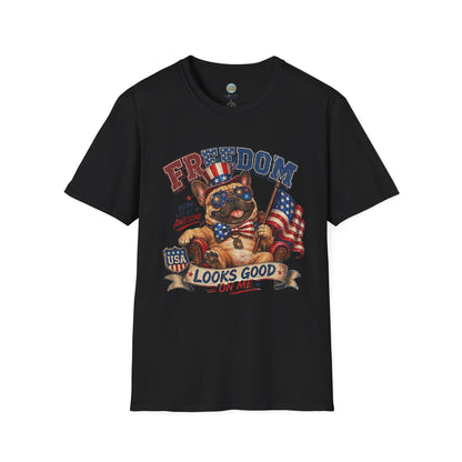 French Bulldog 4th of July Shirt | Freedom Looks Good On Me | Frenchie with American Flag for Dog Lovers | Gildan Softstyle 64000
