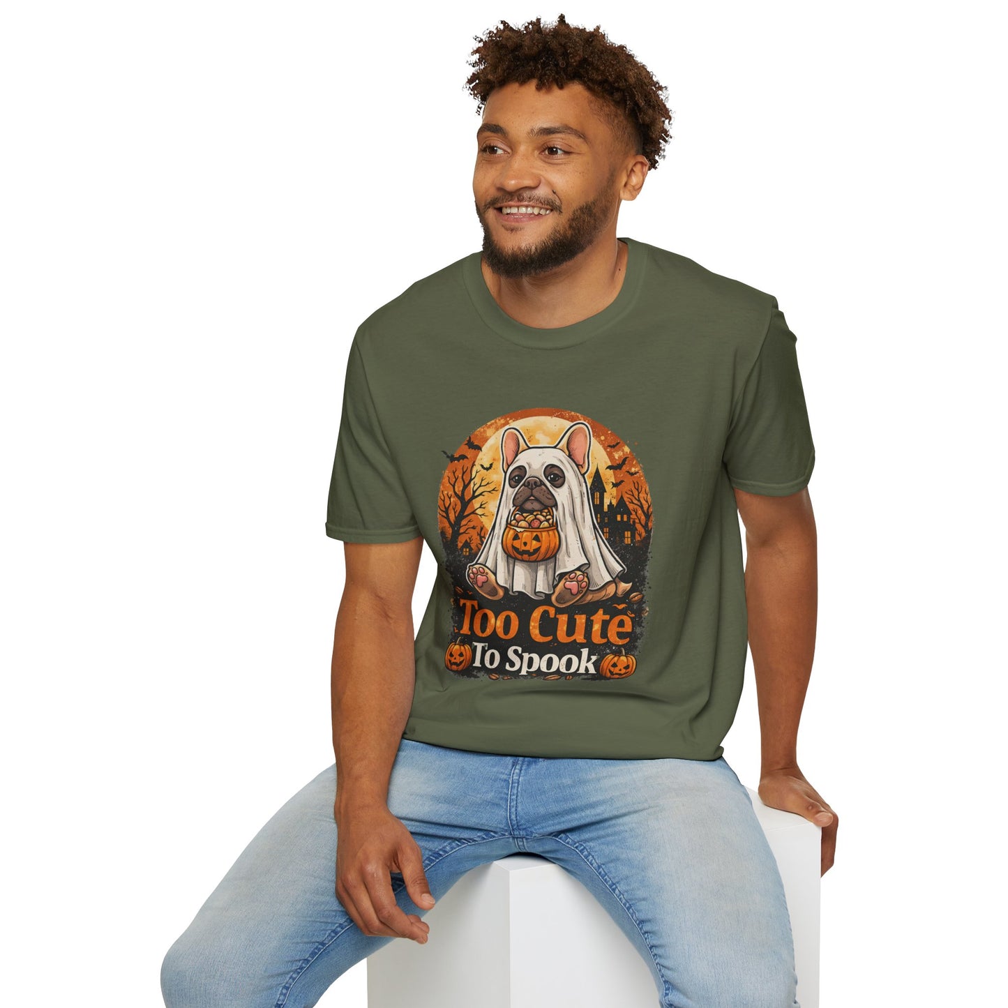 French Bulldog - Too Cute To Spook Halloween T-Shirt | Frenchie in Ghost Costume | Gildan Softstyle 64000 Premium Tee