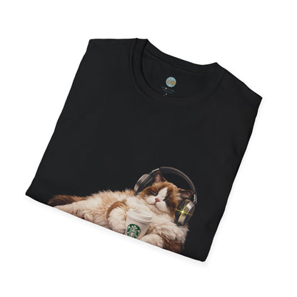 Cat Coffee Review T-Shirt — Relaxed Cat with Headphones & 5-Star Latte Tee | Gildan Softstyle 64000 Premium Tee