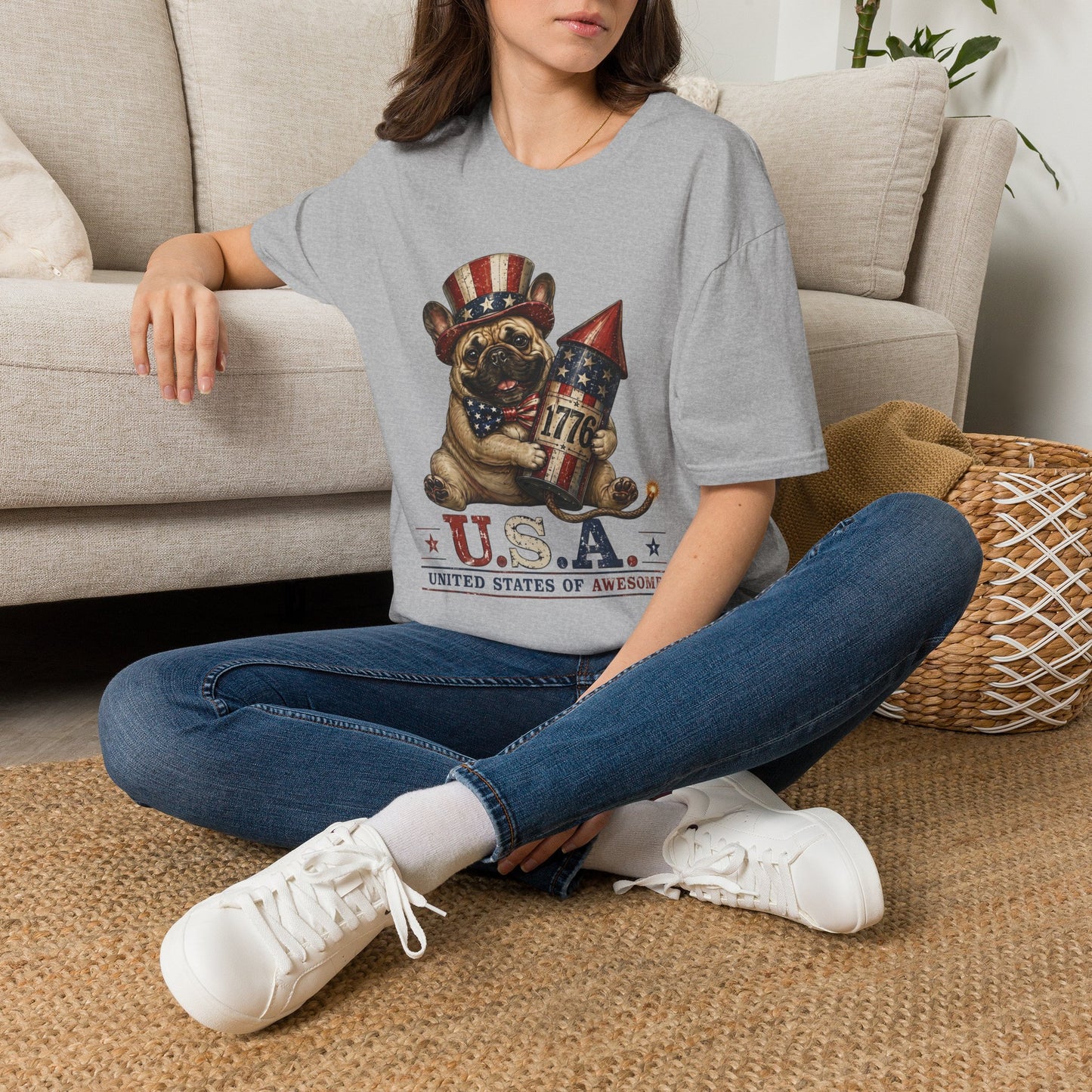 USA United States of Awesome 4th of July T-Shirt | Frenchie with 1776 Firework | Gildan Softstyle 64000