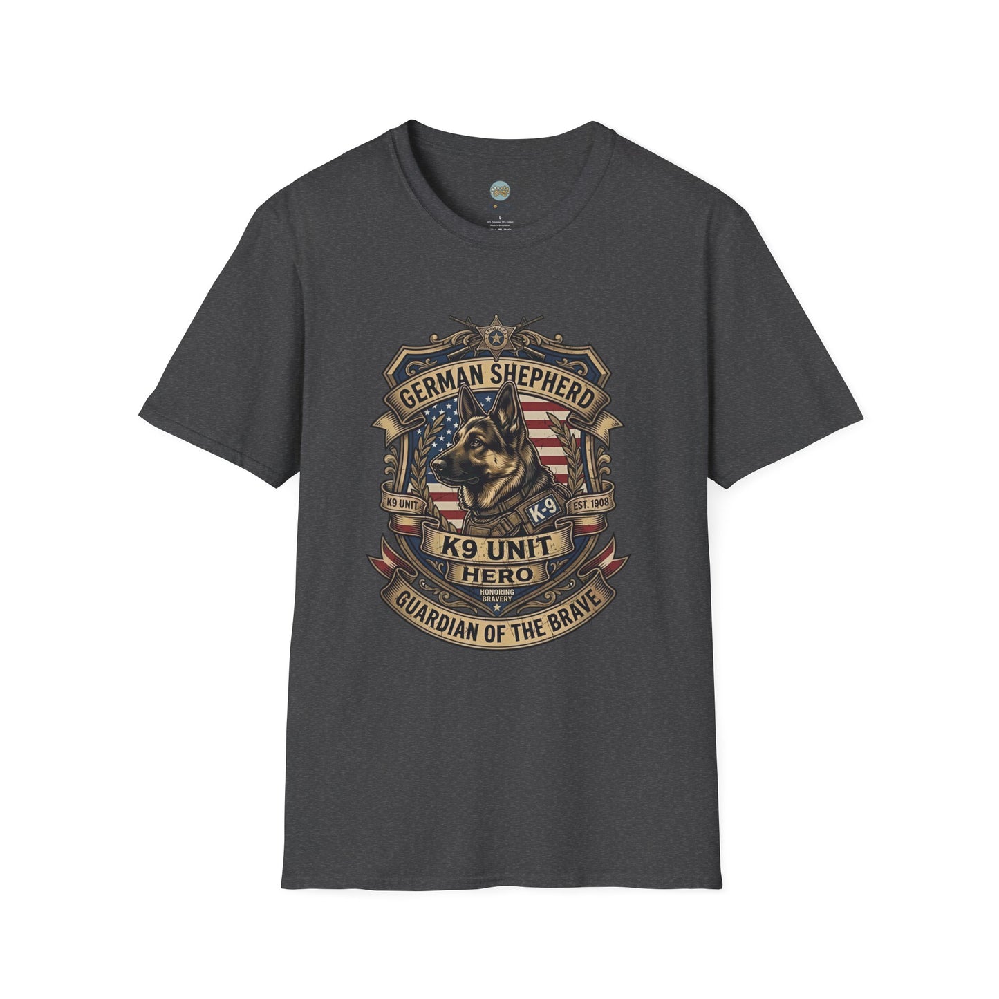 German Shepherd T-Shirt | K9 Unit Est. 1908 - Hero Police Dog Design for GSD Lovers | Gildan Softstyle 64000 Premium Tee