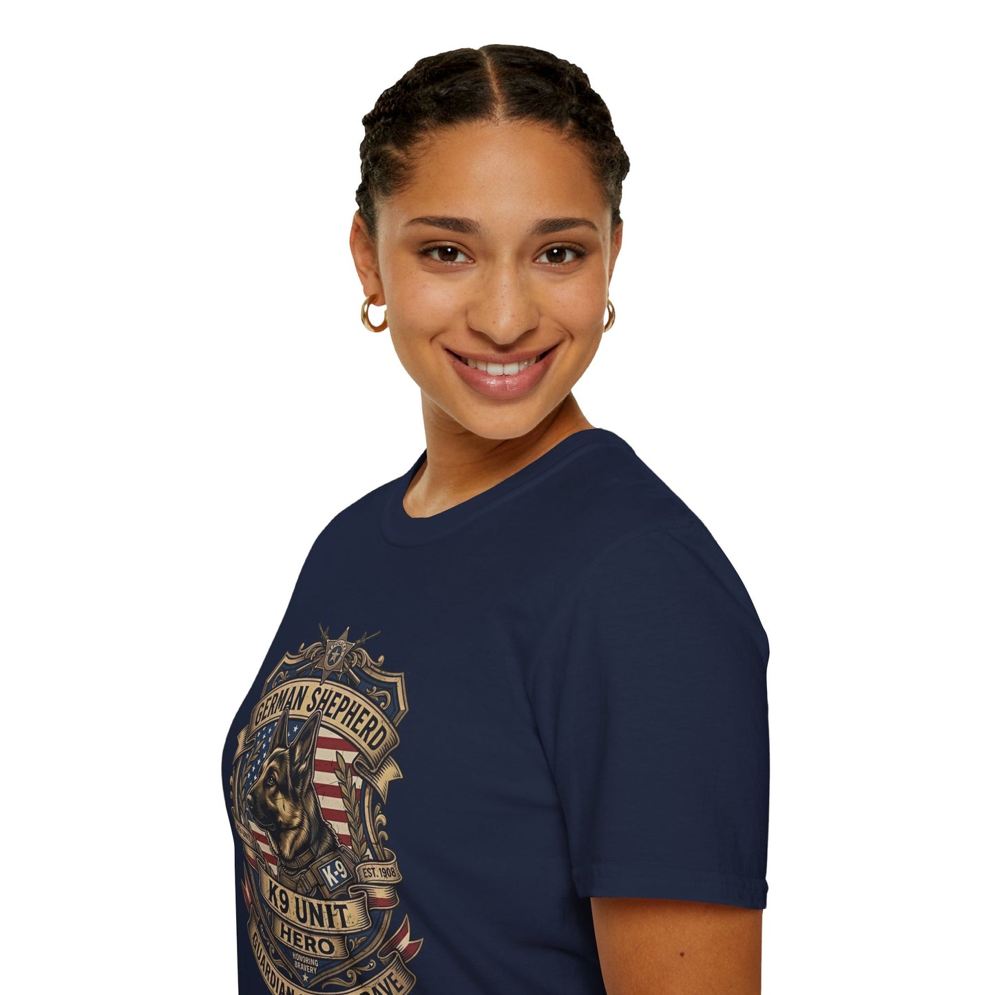 German Shepherd T-Shirt | K9 Unit Est. 1908 - Hero Police Dog Design for GSD Lovers | Gildan Softstyle 64000 Premium Tee