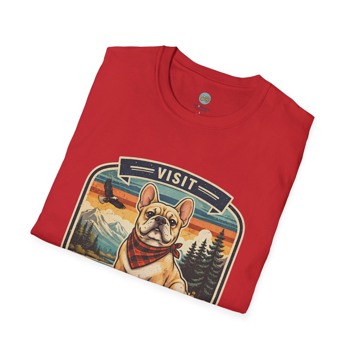 French Bulldog National Park T-Shirt | Vintage Badge Design with Mountains and Sunset for Dog Lovers | Gildan Softstyle 64000 Premium Tee