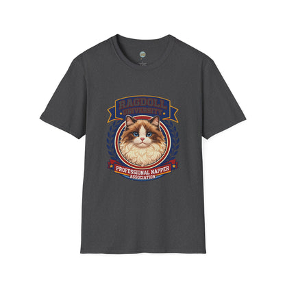 Ragdoll University T-Shirt | Vintage College Crest Style | Gildan Softstyle 64000 Premium Tee for Cat Moms and Dads