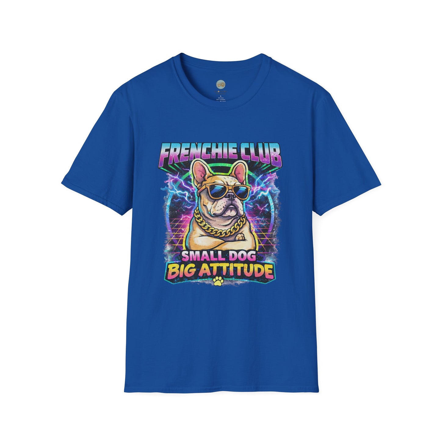 Frenchie Club T-Shirt | “Small Dog Big Attitude” Retro Neon French Bulldog Tee | Gildan Softstyle 64000 Premium Tee