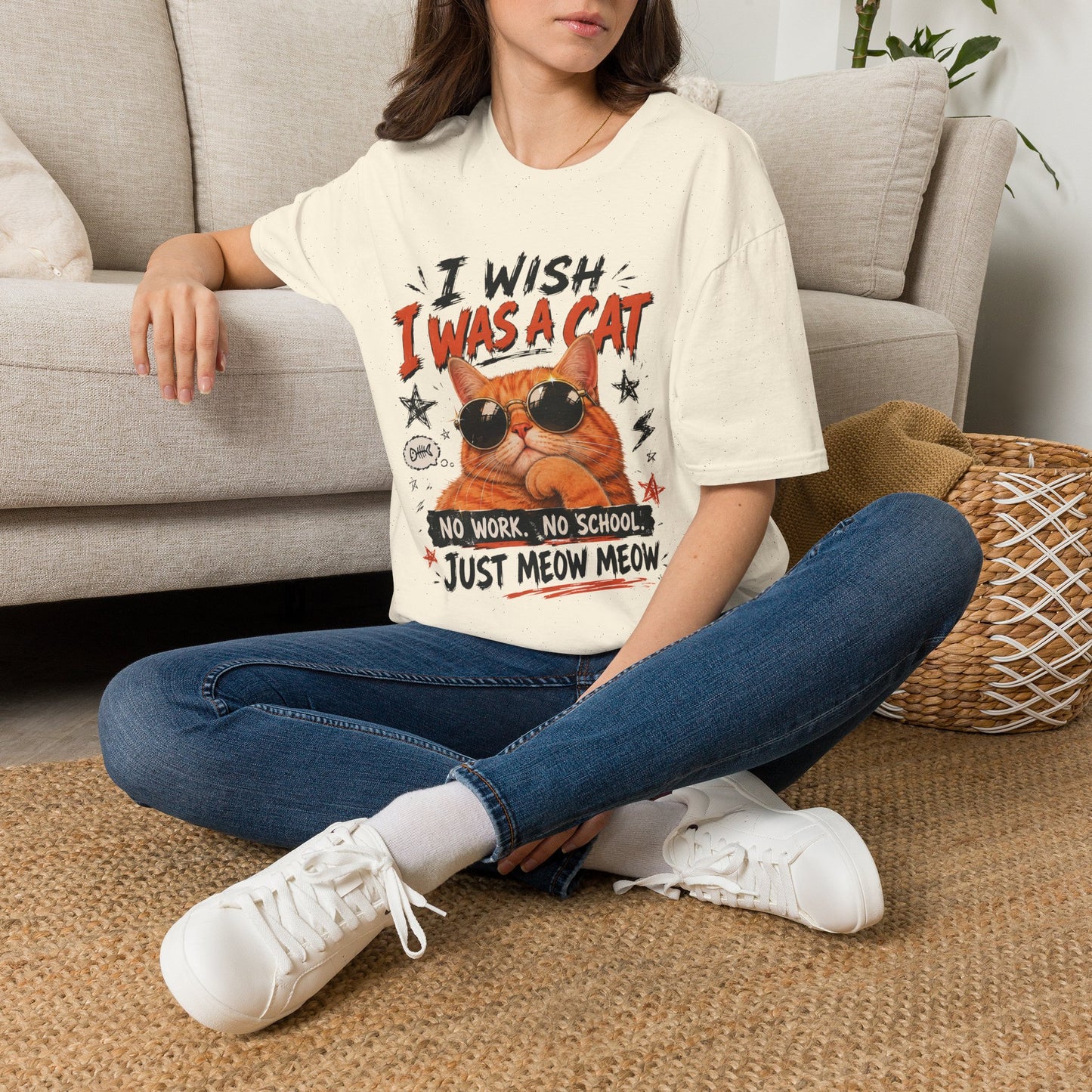 I Wish I Was A Cat T-Shirt | No Work No School Just Meow Meow | Gildan Softstyle 64000