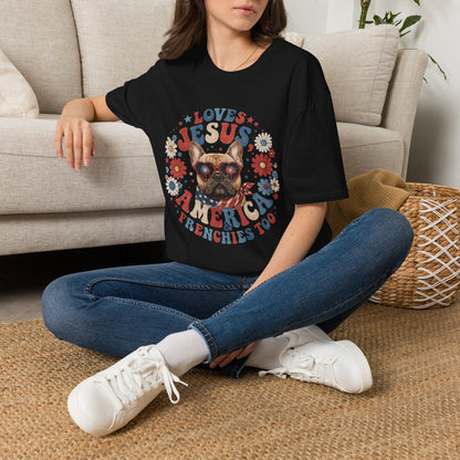 Loves Jesus America and Frenchie Too T-Shirt | French Bulldog Dog Mom Design | Gildan Softstyle 64000