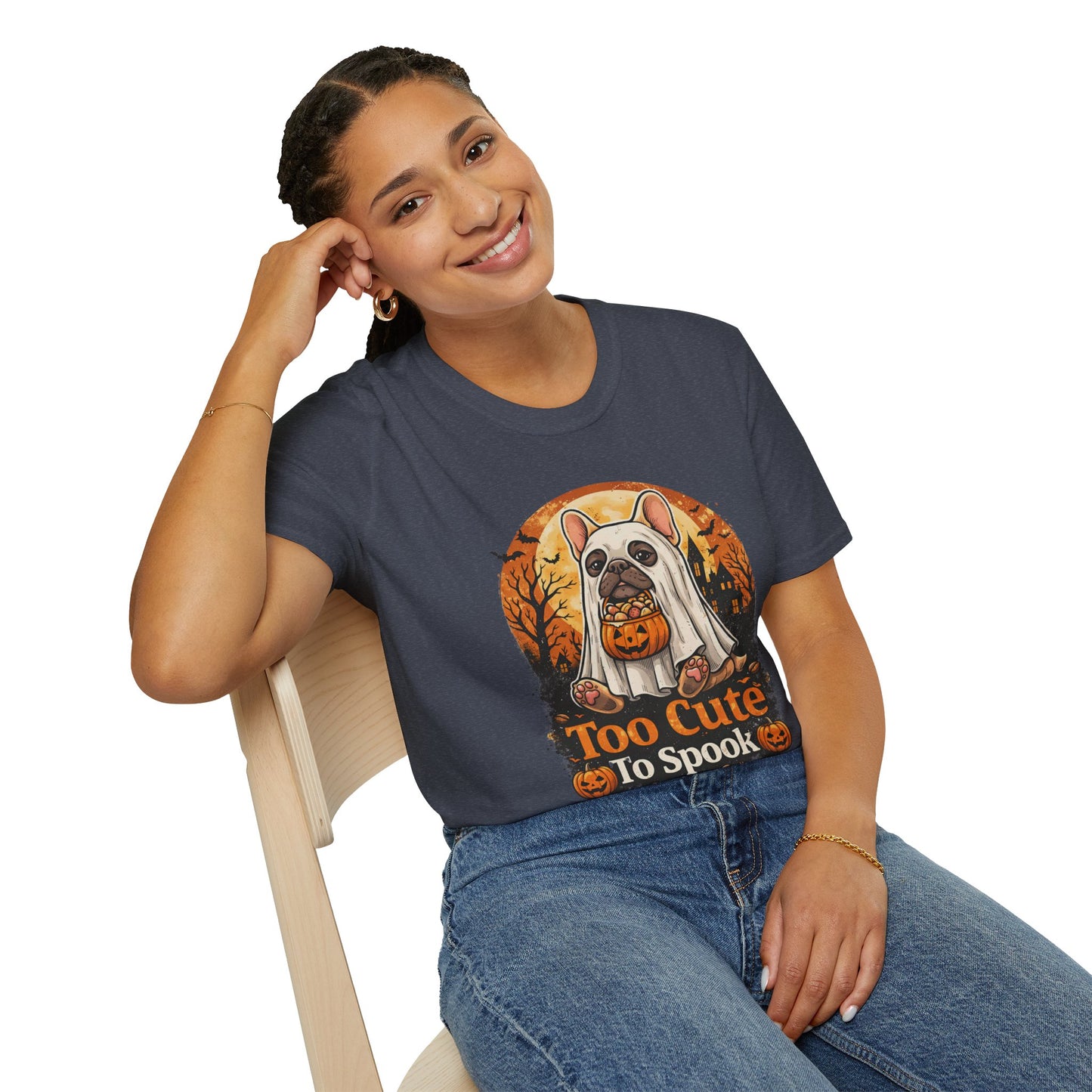 French Bulldog - Too Cute To Spook Halloween T-Shirt | Frenchie in Ghost Costume | Gildan Softstyle 64000 Premium Tee