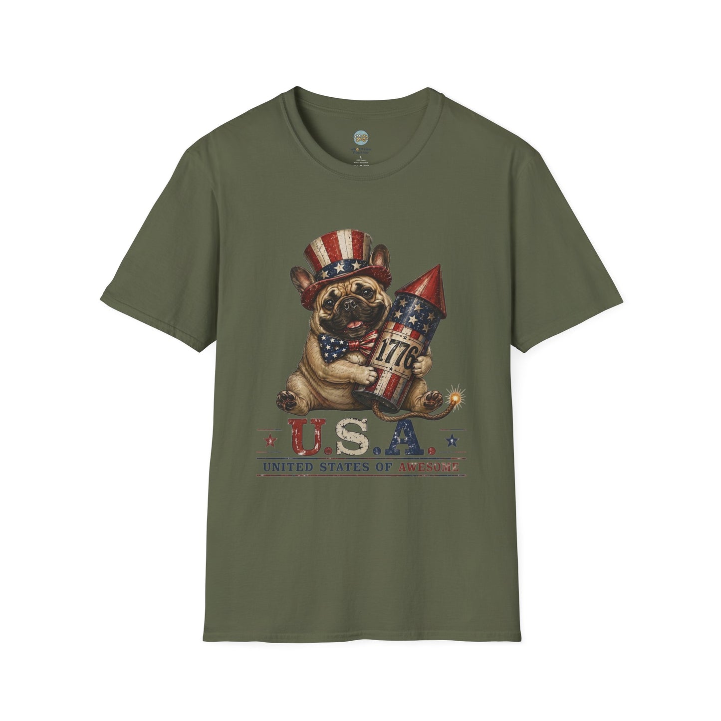 USA United States of Awesome 4th of July T-Shirt | Frenchie with 1776 Firework | Gildan Softstyle 64000