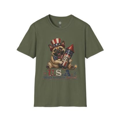 USA United States of Awesome 4th of July T-Shirt | Frenchie with 1776 Firework | Gildan Softstyle 64000
