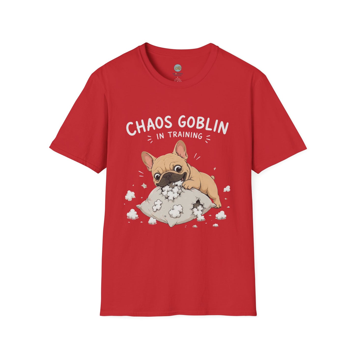 Chaos Goblin In Training T-Shirt | French Bulldog Destroying Pillow | Gildan Softstyle 64000
