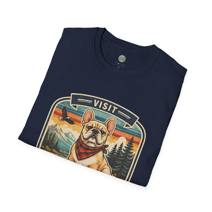 French Bulldog National Park T-Shirt | Vintage Badge Design with Mountains and Sunset for Dog Lovers | Gildan Softstyle 64000 Premium Tee