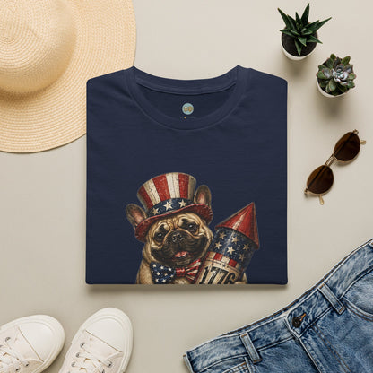 USA United States of Awesome 4th of July T-Shirt | Frenchie with 1776 Firework | Gildan Softstyle 64000