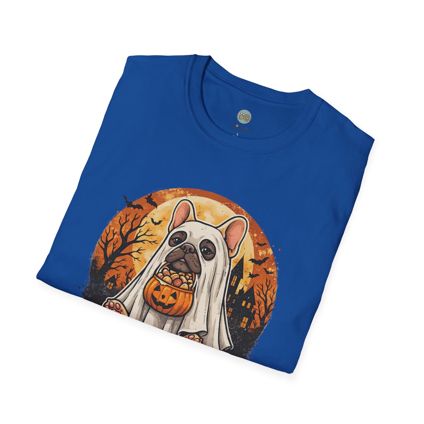 French Bulldog - Too Cute To Spook Halloween T-Shirt | Frenchie in Ghost Costume | Gildan Softstyle 64000 Premium Tee