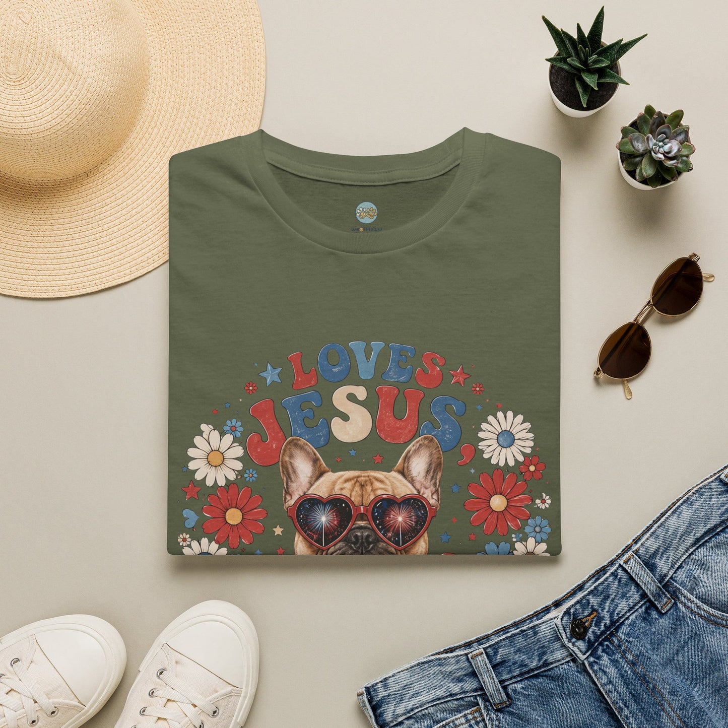 Loves Jesus America and Frenchie Too T-Shirt | French Bulldog Dog Mom Design | Gildan Softstyle 64000