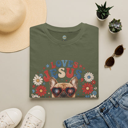 Loves Jesus America and Frenchie Too T-Shirt | French Bulldog Dog Mom Design | Gildan Softstyle 64000