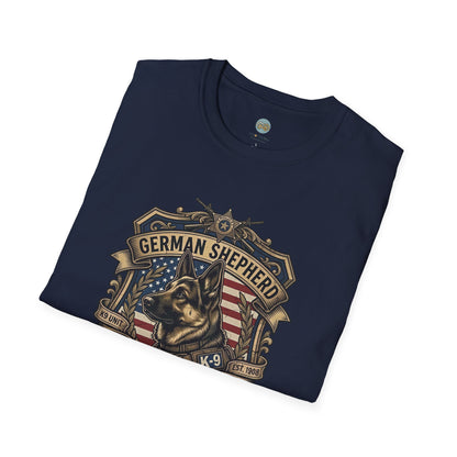 German Shepherd T-Shirt | K9 Unit Est. 1908 - Hero Police Dog Design for GSD Lovers | Gildan Softstyle 64000 Premium Tee