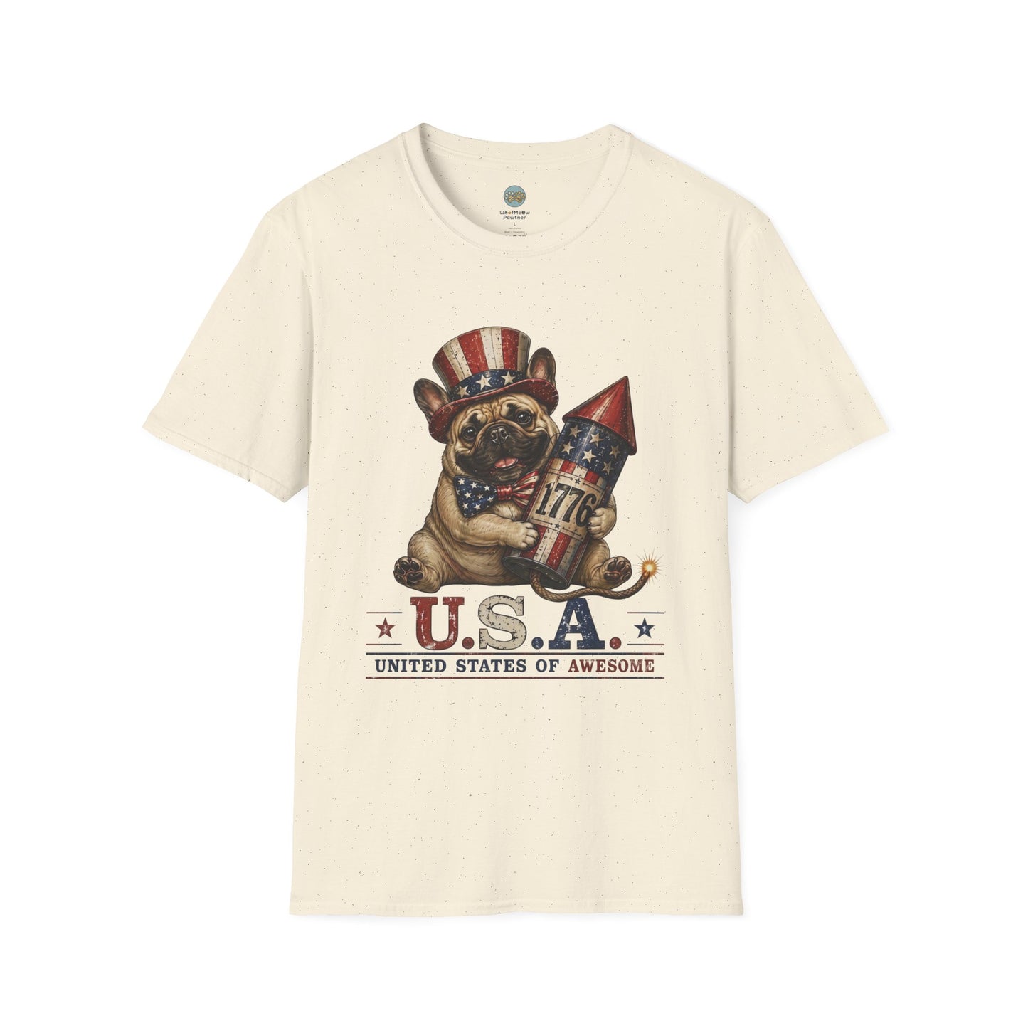 USA United States of Awesome 4th of July T-Shirt | Frenchie with 1776 Firework | Gildan Softstyle 64000