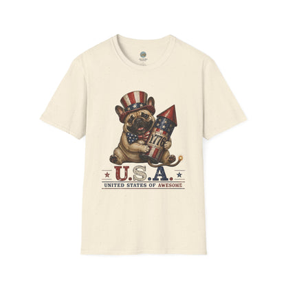 USA United States of Awesome 4th of July T-Shirt | Frenchie with 1776 Firework | Gildan Softstyle 64000
