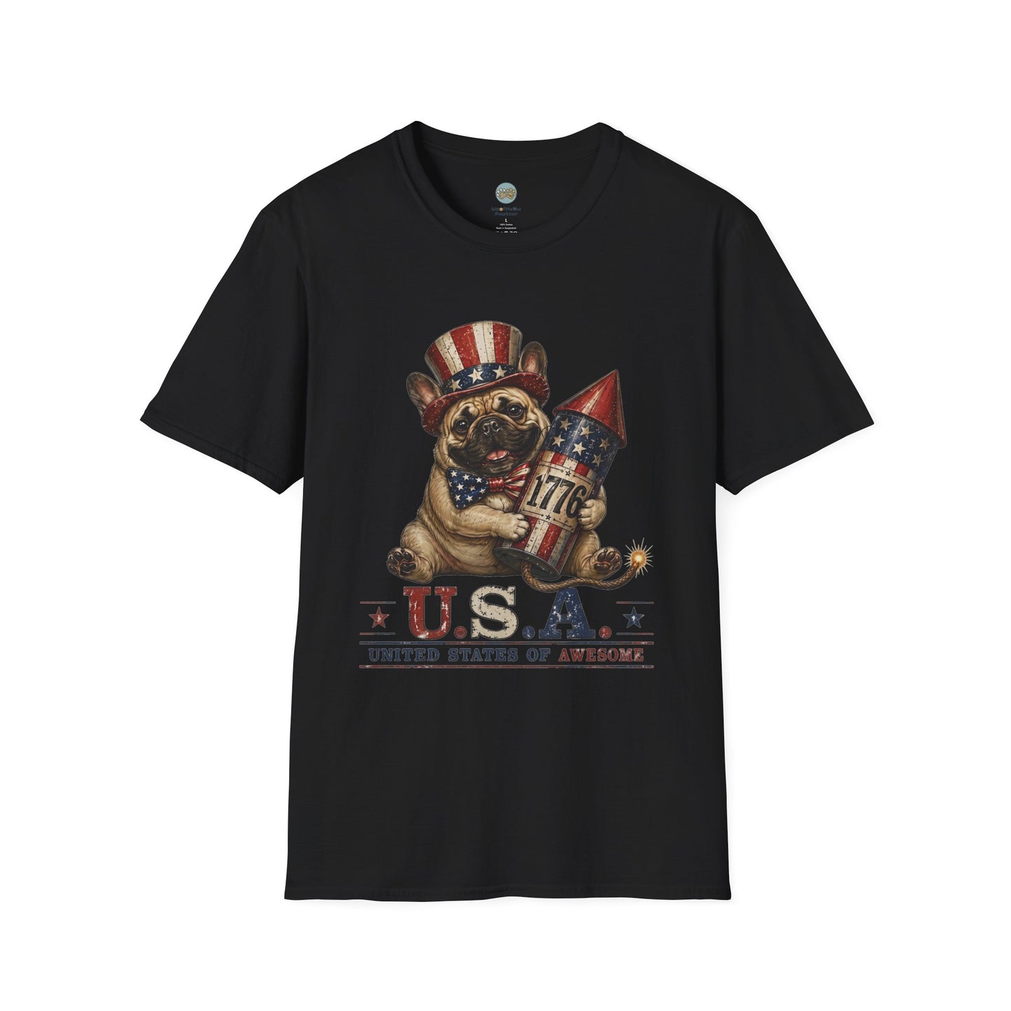 USA United States of Awesome 4th of July T-Shirt | Frenchie with 1776 Firework | Gildan Softstyle 64000