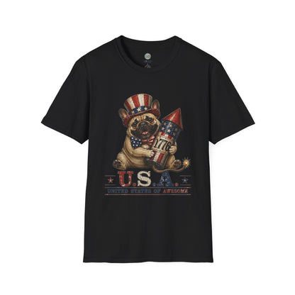 USA United States of Awesome 4th of July T-Shirt | Frenchie with 1776 Firework | Gildan Softstyle 64000