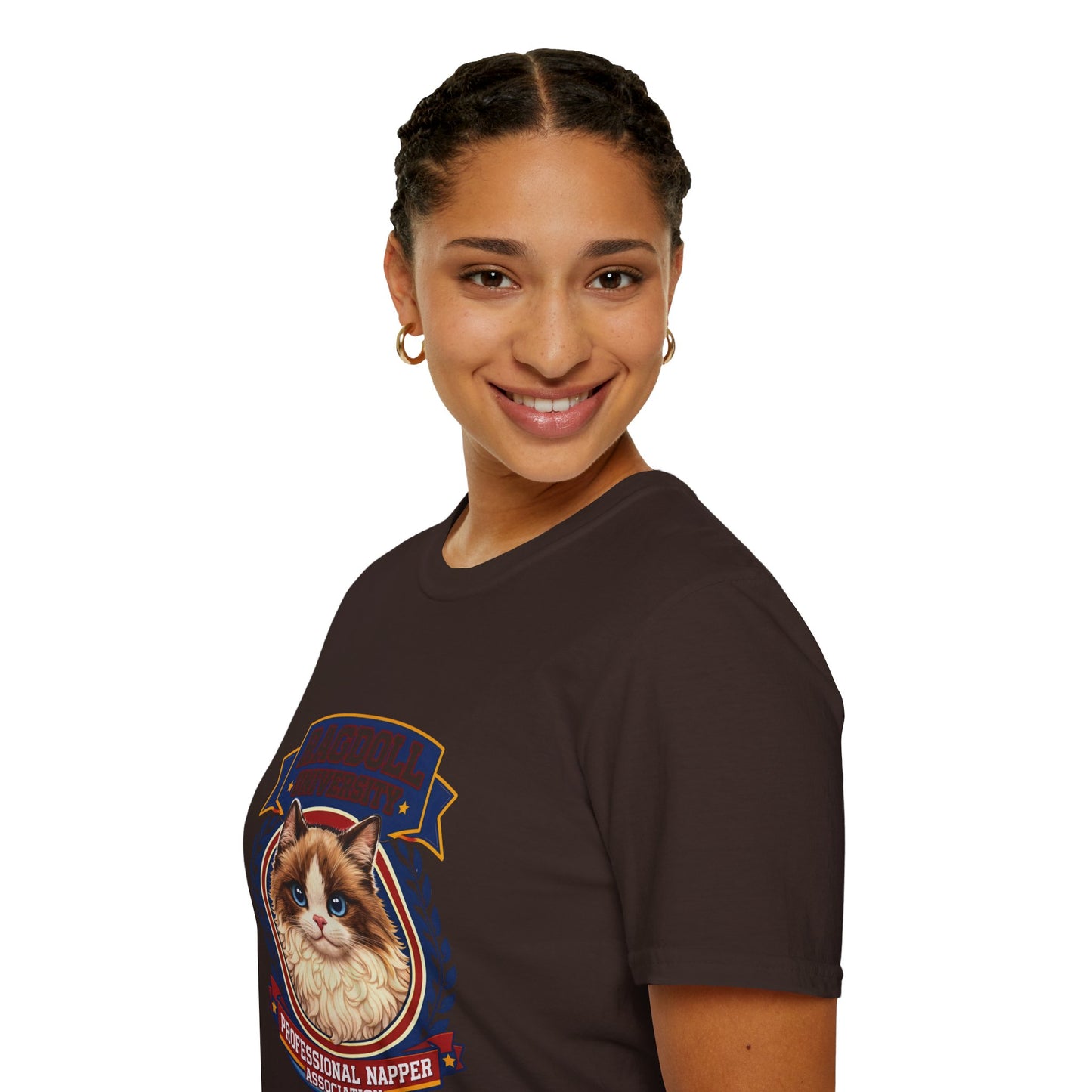 Ragdoll University T-Shirt | Vintage College Crest Style | Gildan Softstyle 64000 Premium Tee for Cat Moms and Dads