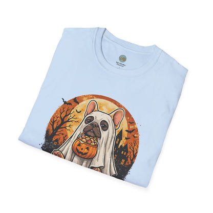 French Bulldog - Too Cute To Spook Halloween T-Shirt | Frenchie in Ghost Costume | Gildan Softstyle 64000 Premium Tee
