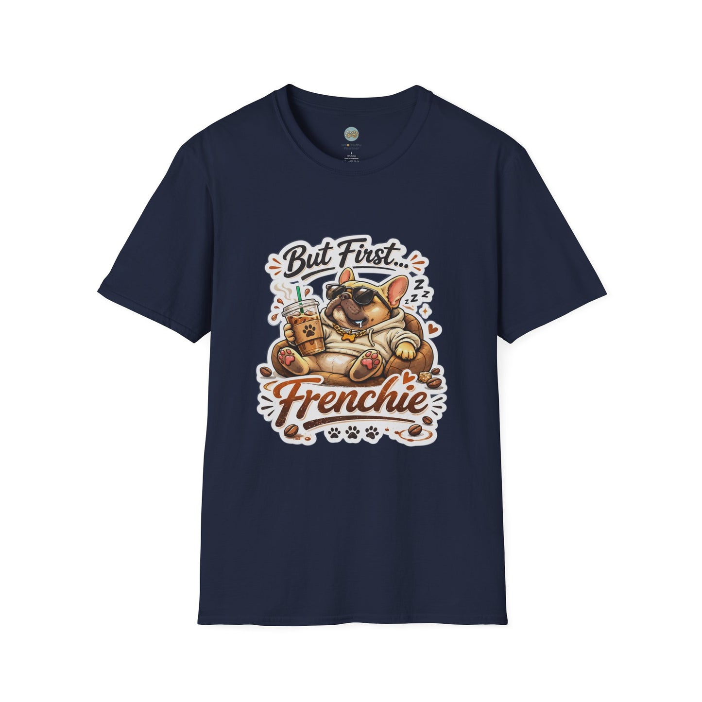 French Bulldog T-Shirt - But First Frenchie | Cute Sleeping Frenchie with Coffee Cup Morning Design | Gildan Softstyle 64000 Premium Tee