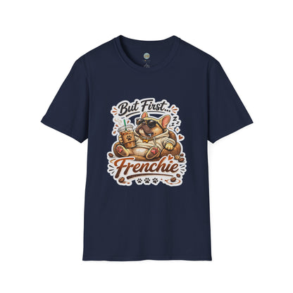 French Bulldog T-Shirt - But First Frenchie | Cute Sleeping Frenchie with Coffee Cup Morning Design | Gildan Softstyle 64000 Premium Tee