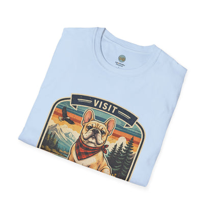 French Bulldog National Park T-Shirt | Vintage Badge Design with Mountains and Sunset for Dog Lovers | Gildan Softstyle 64000 Premium Tee